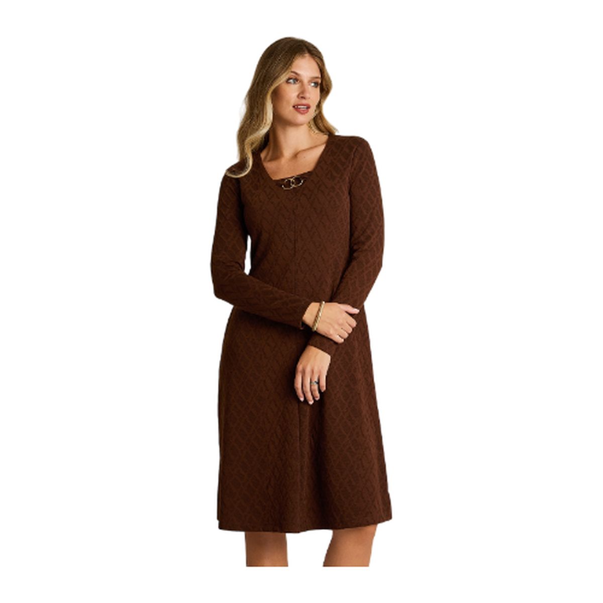 LORENZO DI PONTTI - Vestido Midi Café en Lanilla con Escote en V y Detalle Dorado