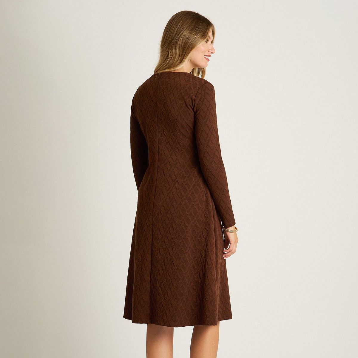 LORENZO DI PONTTI - Vestido Midi Café en Lanilla con Escote en V y Detalle Dorado