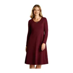 LORENZO DI PONTTI - Vestido Midi Burdeo en Lanilla con Escote en V y Detalle Dorado