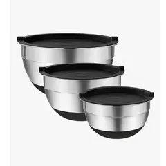GENERICO - 3 Bowls Con Tapa Acero Inoxidable Antideslizante