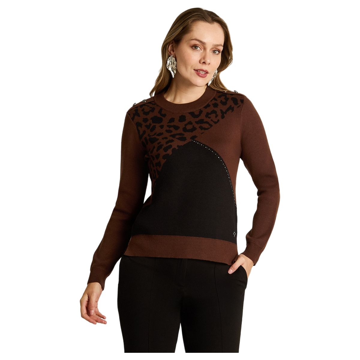 LORENZO DI PONTTI - Sweater Café con Estampado Animal Print y Detalles de Pedrería en Tejido