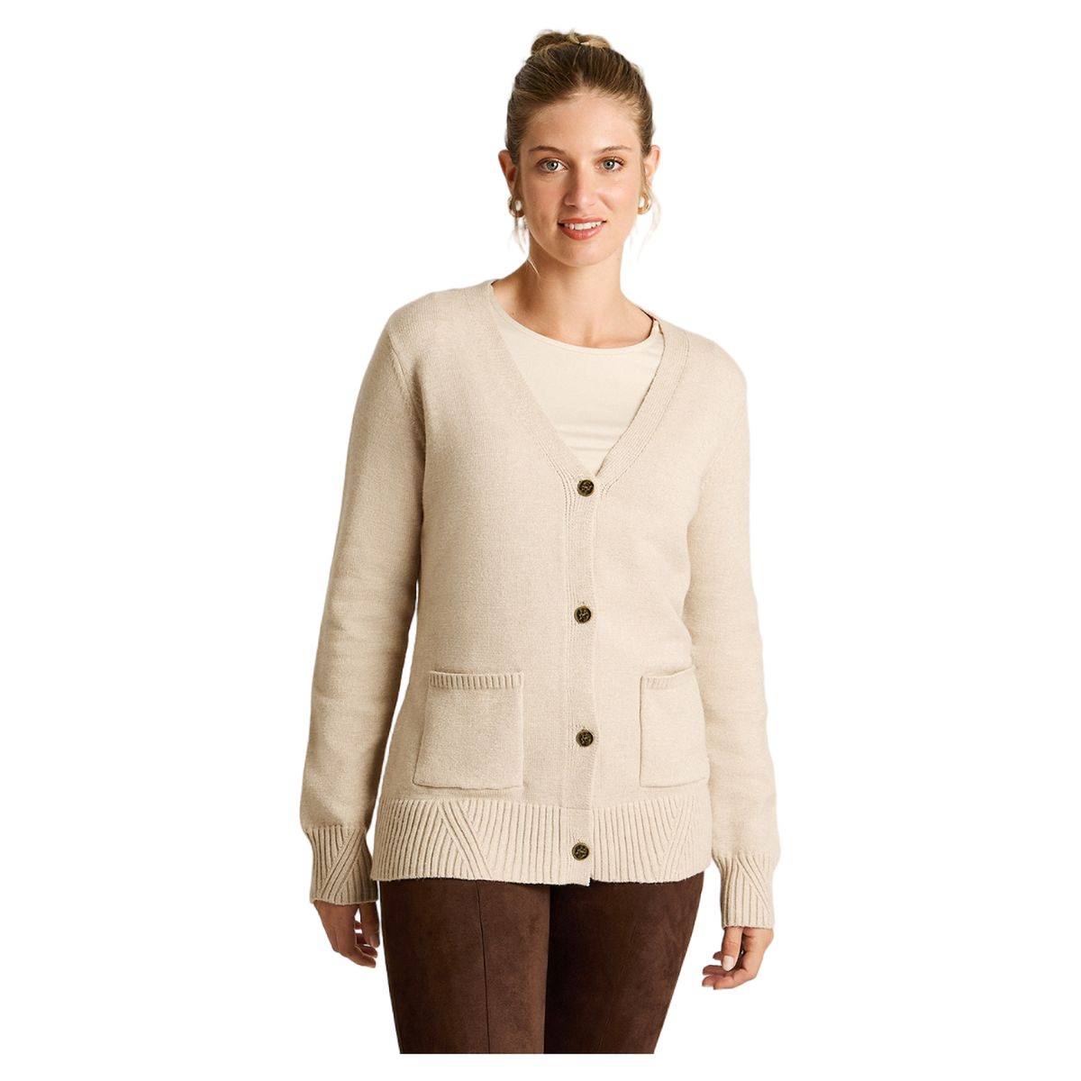 LORENZO DI PONTTI - Cardigan Beige Manga Larga Elasticidad Media Sin Forro Calce Normal Tela Tejido