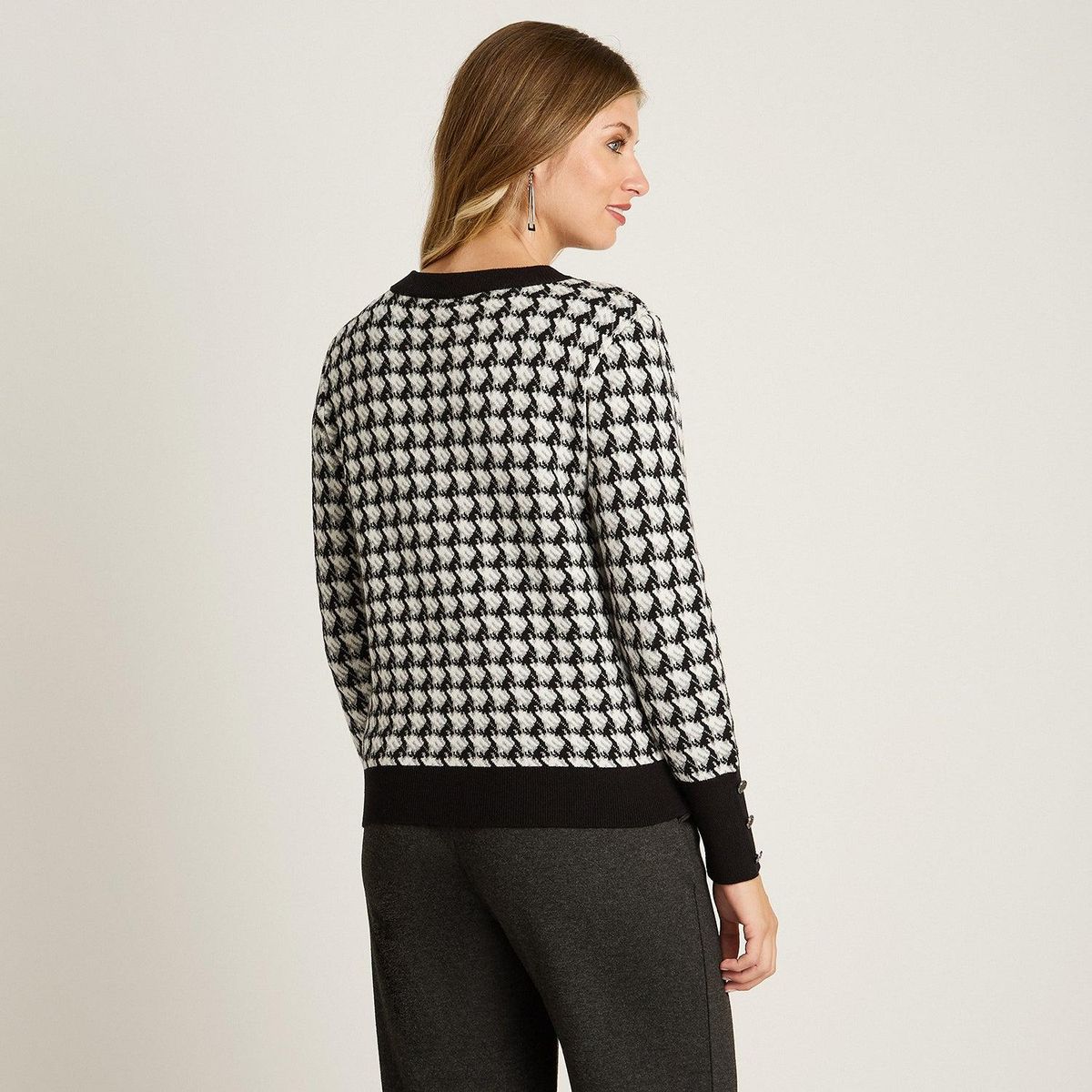 LORENZO DI PONTTI - Cardigan Blanco con Estampado Geométrico Clásico y Botones Plateados en Tejido