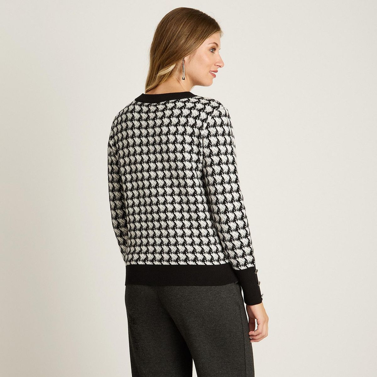 LORENZO DI PONTTI - Cardigan Blanco con Estampado Geométrico Clásico y Botones Plateados en Tejido