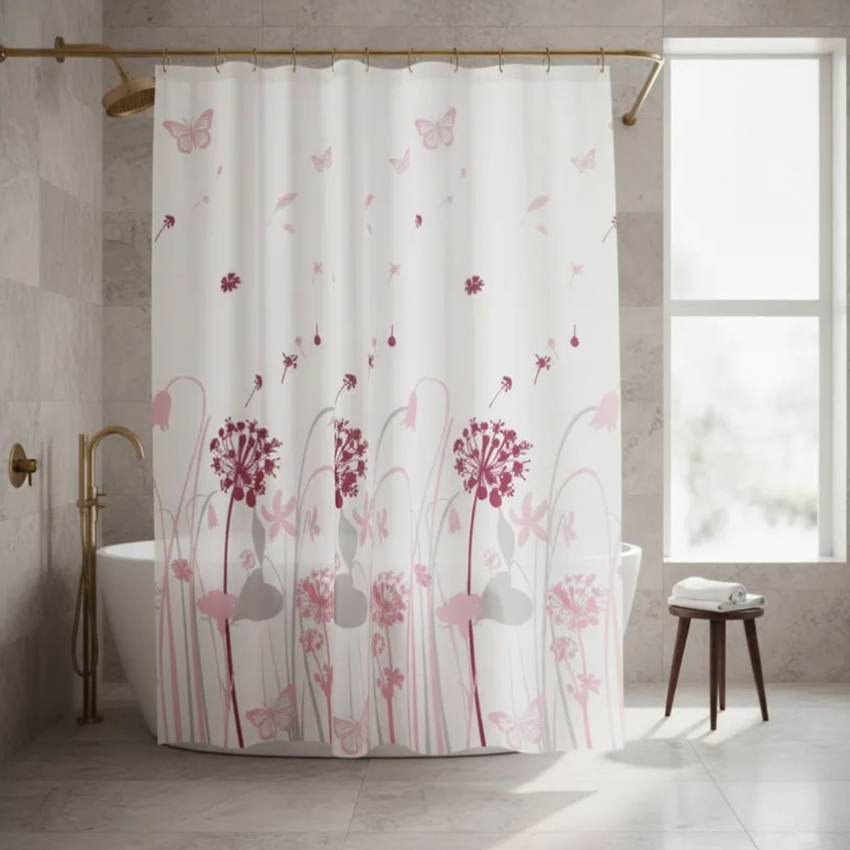 GENERICO - Cortina De Baño Peva 180x180cm Diseño Flores Mariposas Rosado