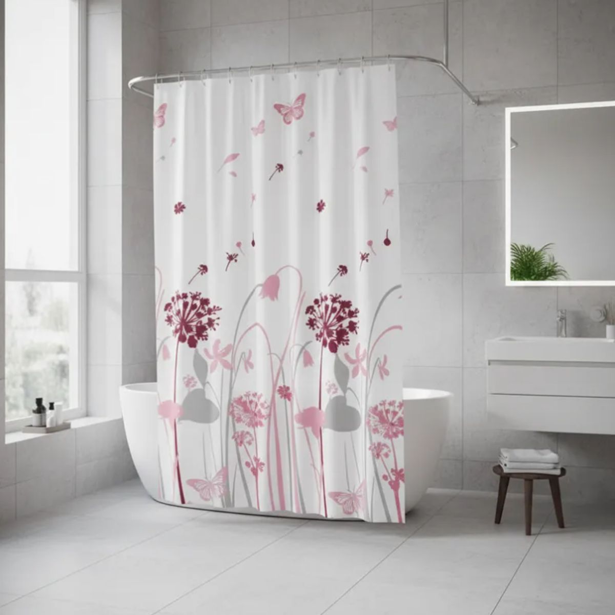 GENERICO - Cortina De Baño Peva 180x180cm Diseño Flores Mariposas Rosado