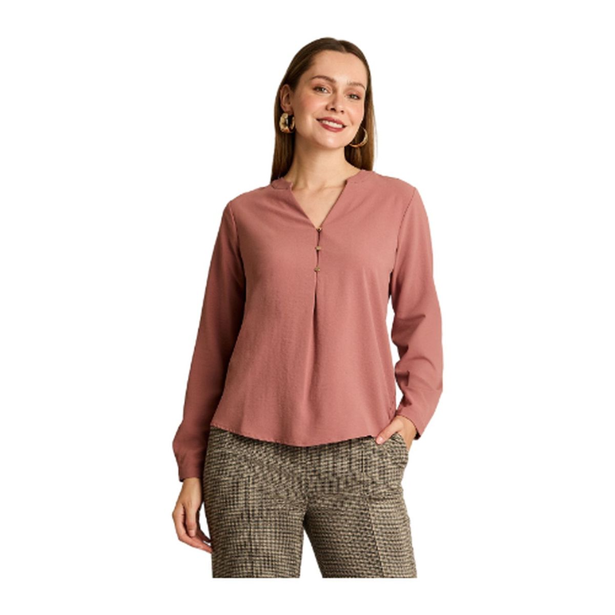 LORENZO DI PONTTI - Blusa Rosada Lisa Cuello Mao con Botones