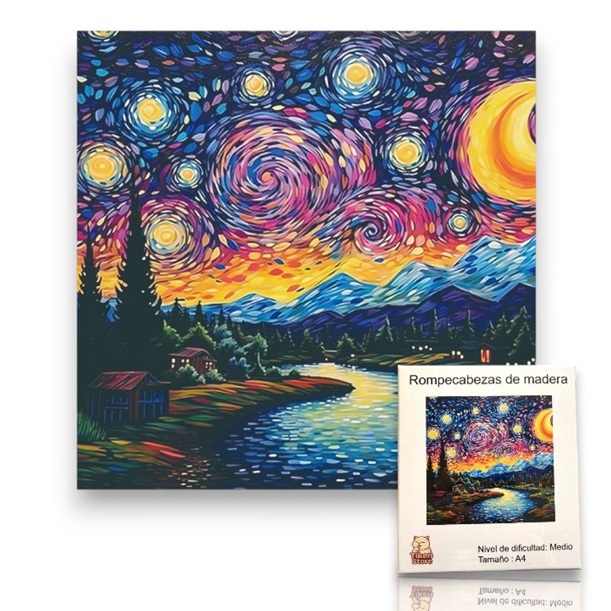 GENERICO - Rompecabezas Puzzle Madera A4 Noche Estrellada Van Gogh