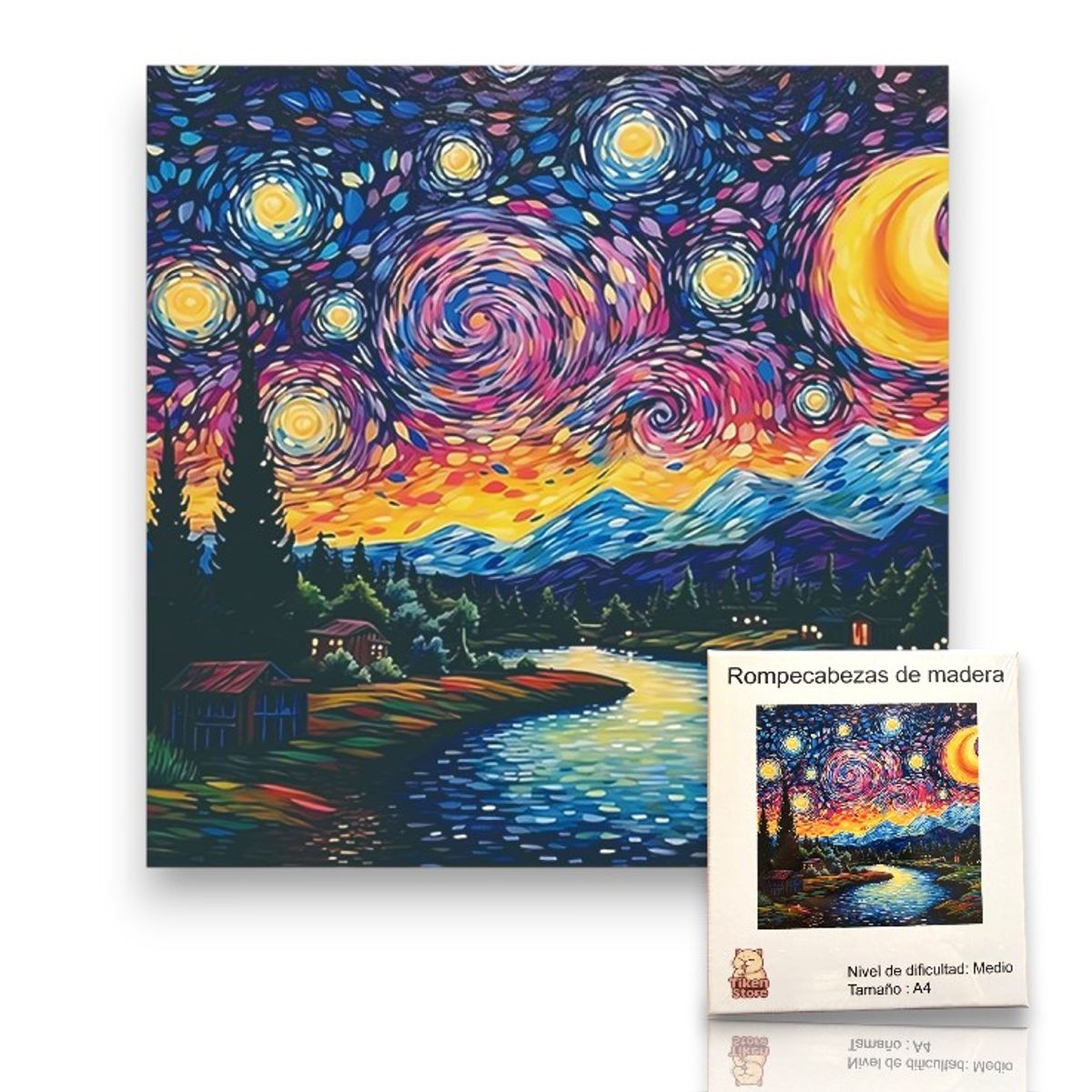 GENERICO - Rompecabezas Puzzle Madera A4 Noche Estrellada Van Gogh