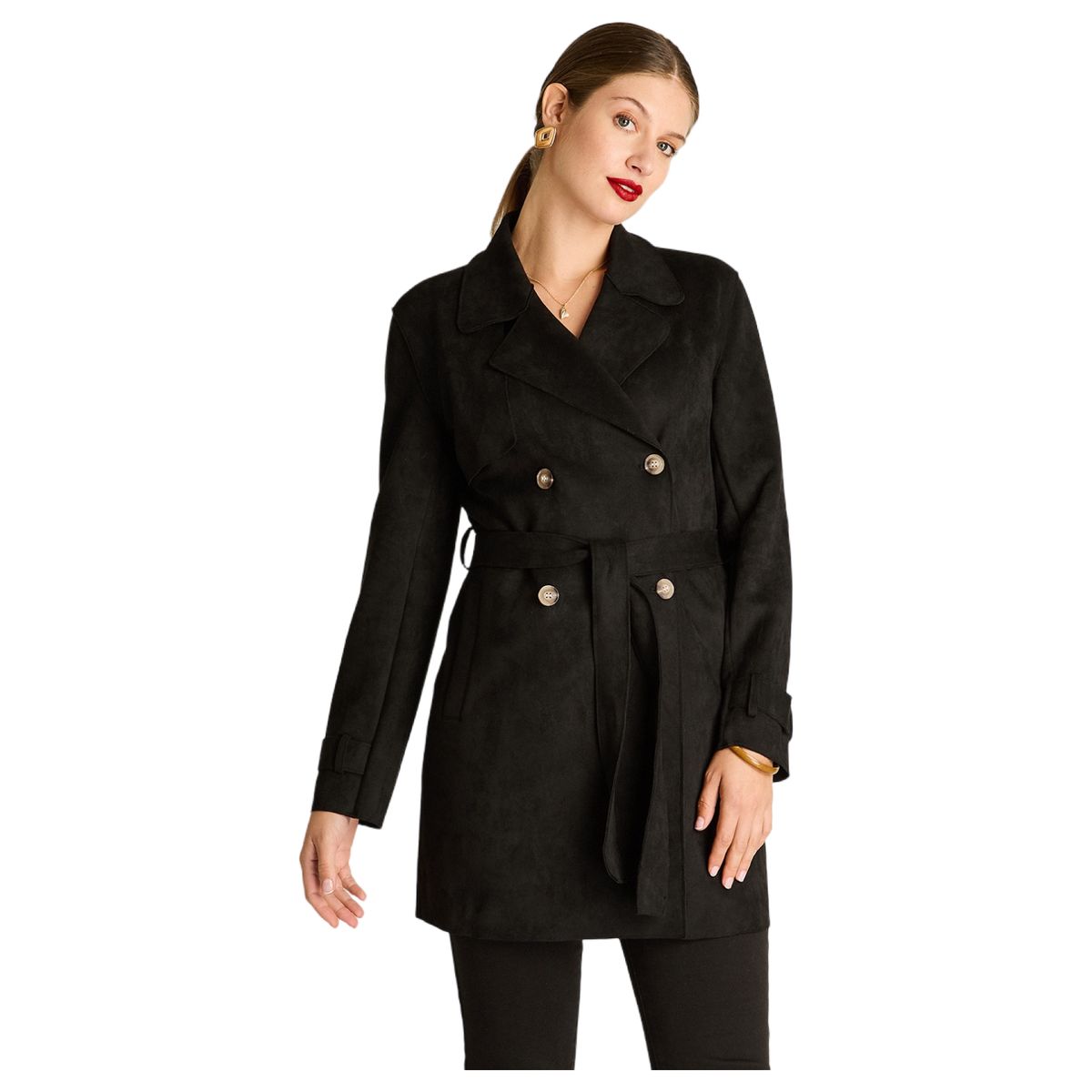 LORENZO DI PONTTI - Trench Negro de Suede con Lazo en la Cintura