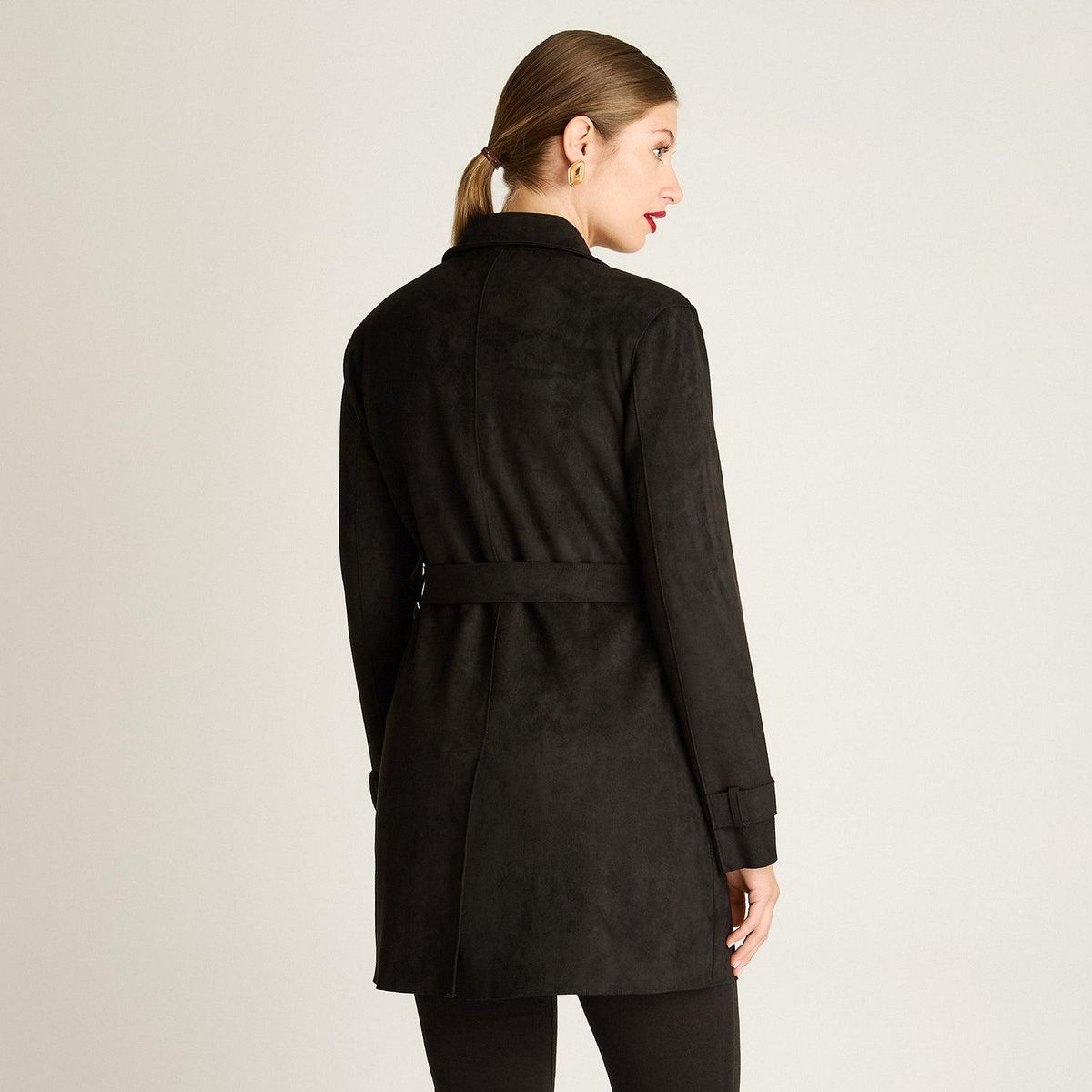 LORENZO DI PONTTI - Trench Negro de Suede con Lazo en la Cintura