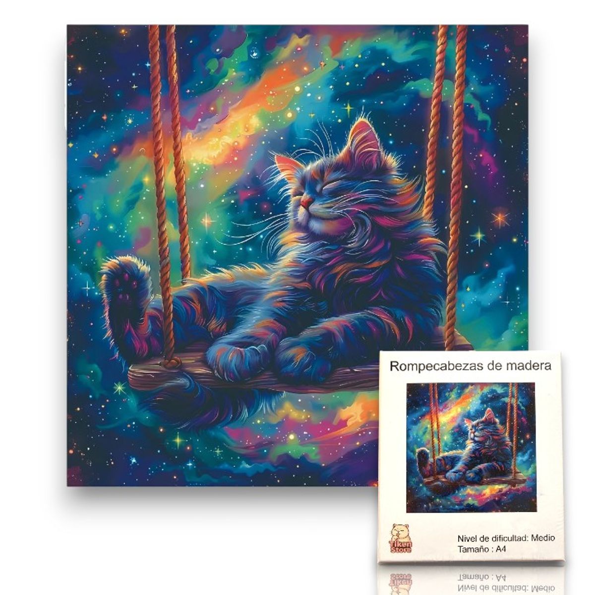 GENERICO - Rompecabezas Puzzle Madera A4 Gato Universo