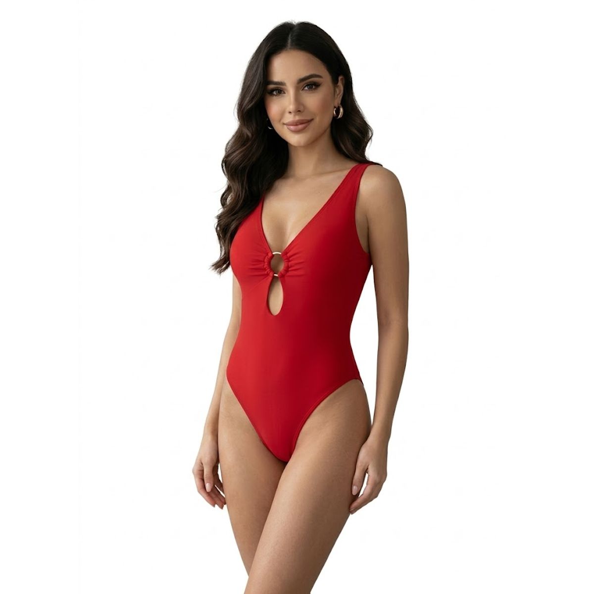 HAMI BOUTIQUE - Traje de Baño de Una Pieza Rojo - Escote en V y Detalle de Aro