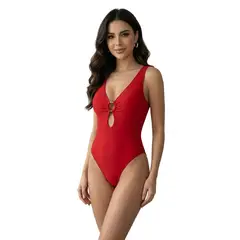 HAMI BOUTIQUE - Traje de Baño de Una Pieza Rojo - Escote en V y Detalle de Aro