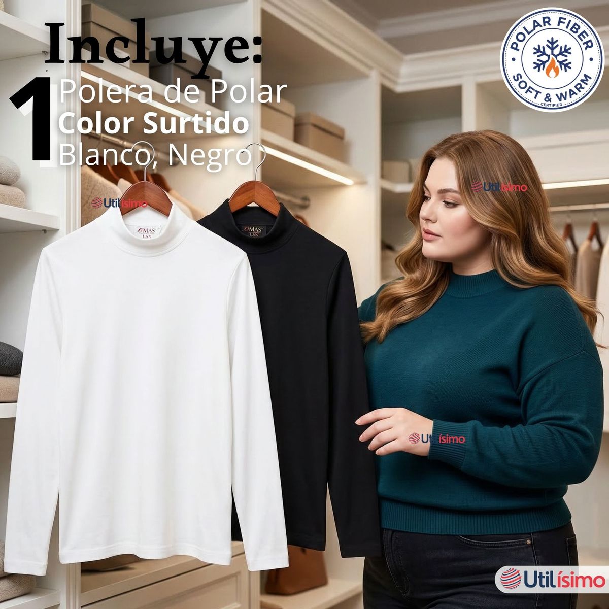 UTILISIMO - Camiseta Polera Polar Primera Capa Cuello Beatle Manga Larga Blanco Negro Mujer