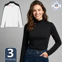 UTILISIMO - Pack 3 Camisetas Poleras Polar Primera Capa Cuello Beatle Manga Larga Blanco Negro Mujer