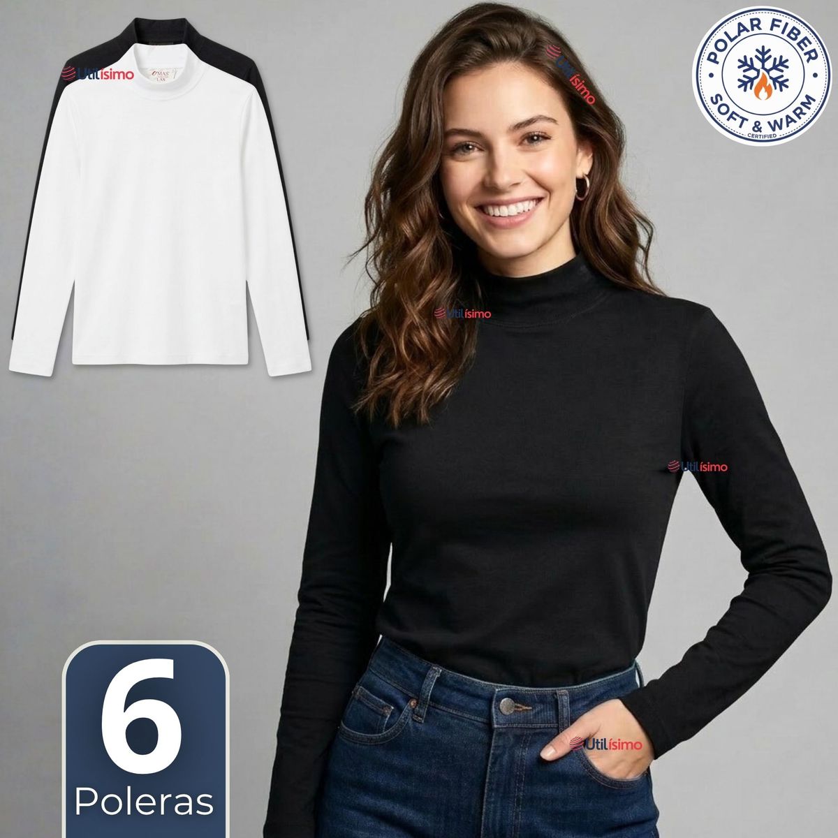UTILISIMO - Pack 6 Camisetas Poleras Polar Primera Capa Cuello Beatle Manga Larga Blanco Negro Mujer