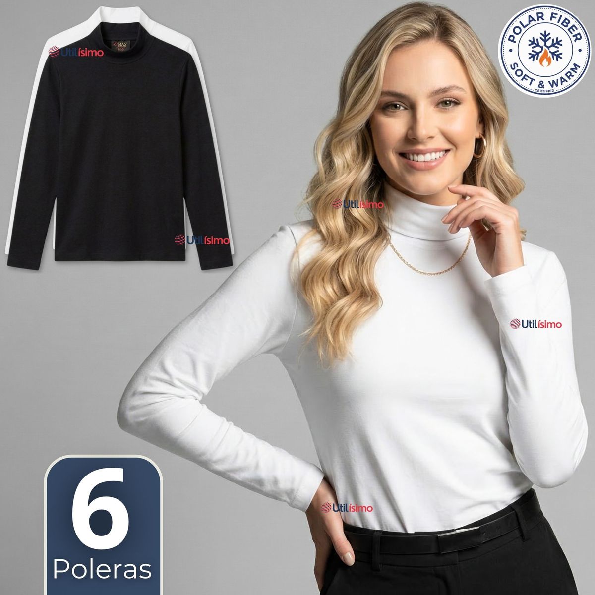 UTILISIMO - Pack 6 Camisetas Poleras Polar Primera Capa Cuello Beatle Manga Larga Blanco Negro Mujer
