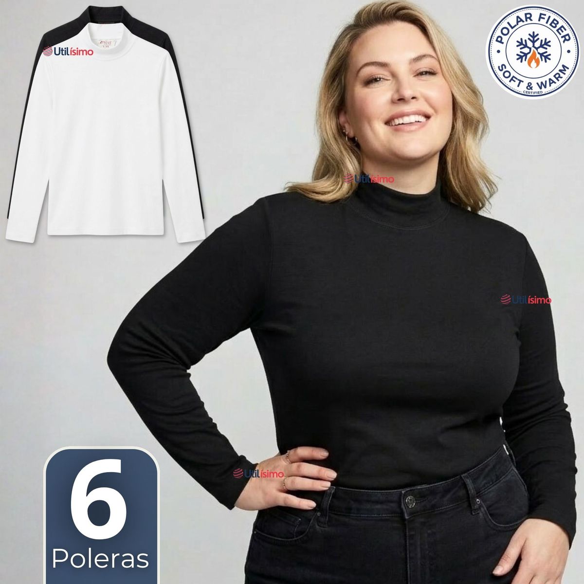 UTILISIMO - Pack 6 Camisetas Poleras Polar Primera Capa Cuello Beatle Manga Larga Blanco Negro Mujer