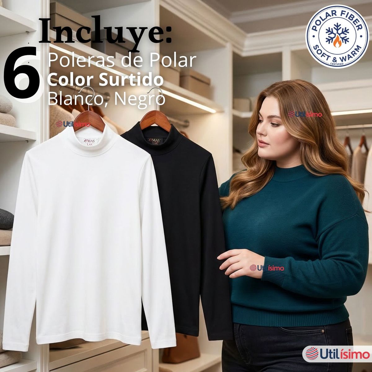 UTILISIMO - Pack 6 Camisetas Poleras Polar Primera Capa Cuello Beatle Manga Larga Blanco Negro Mujer
