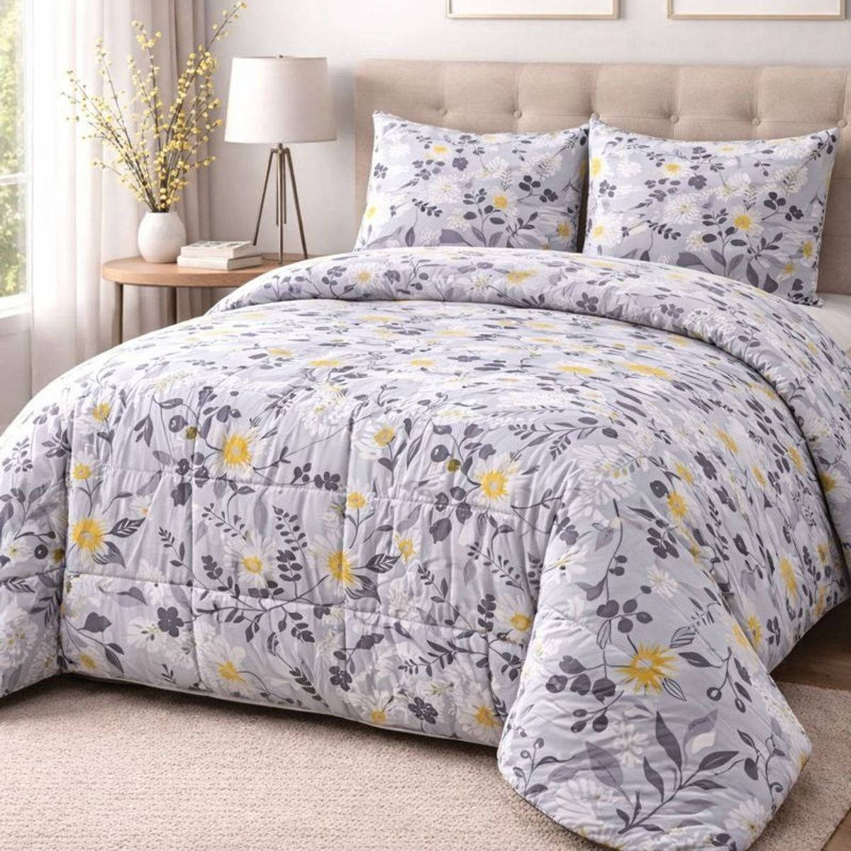 KEYHOME - CUBRECAMA PLUMON ESTAMPADO FLORES GRISES KEY HOME 2 PLAZAS