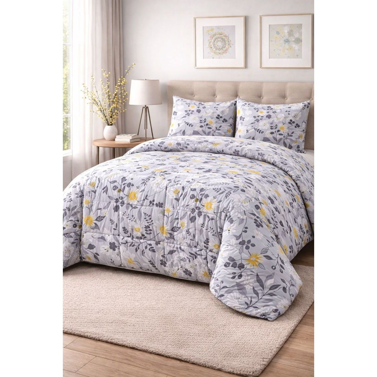 KEYHOME - CUBRECAMA PLUMON ESTAMPADO FLORES GRISES KEY HOME 2 PLAZAS