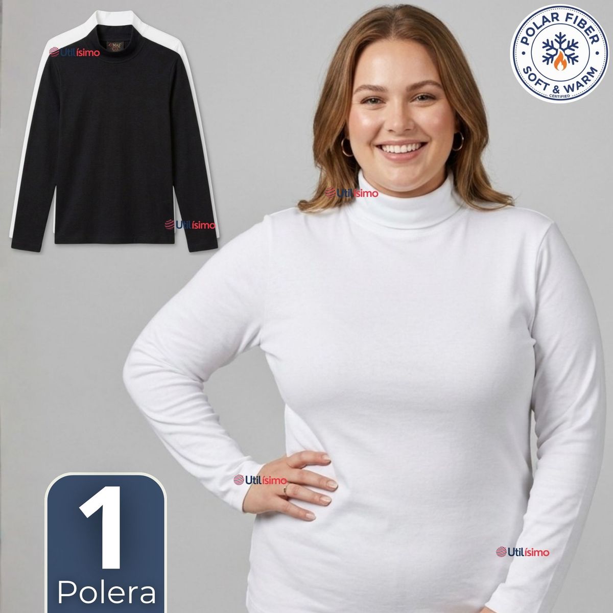 UTILISIMO - Camiseta Polera Polar Primera Capa Cuello Beatle Manga Larga Blanco Negro Mujer