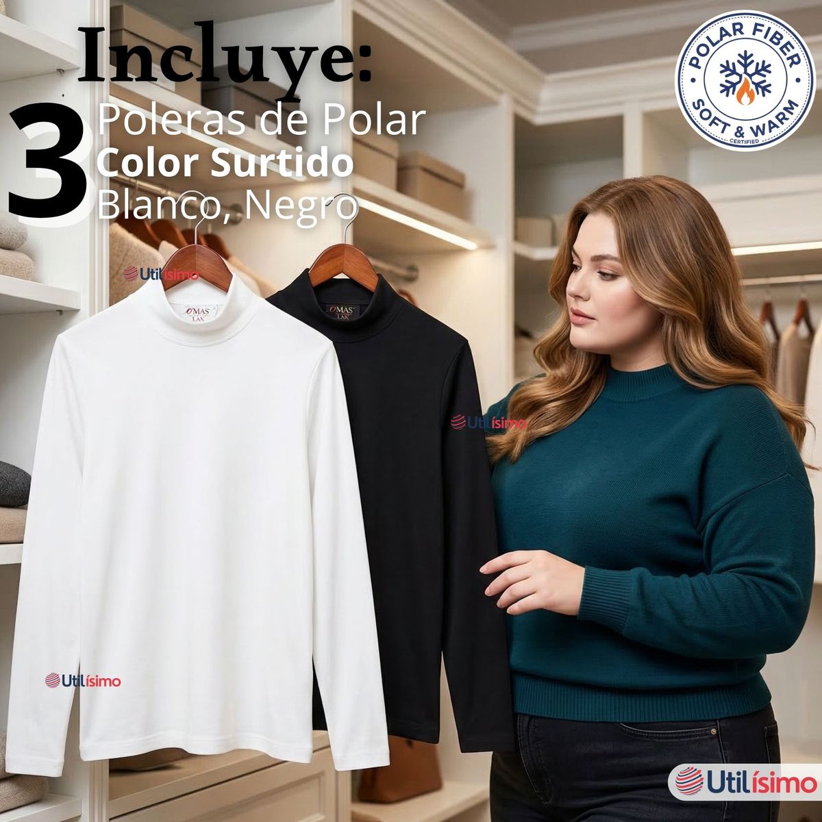 UTILISIMO - Pack 3 Camisetas Poleras Polar Primera Capa Cuello Beatle Manga Larga Blanco Negro Mujer