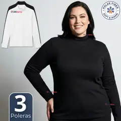 UTILISIMO - Pack 3 Camisetas Poleras Polar Primera Capa Cuello Beatle Manga Larga Blanco Negro Mujer