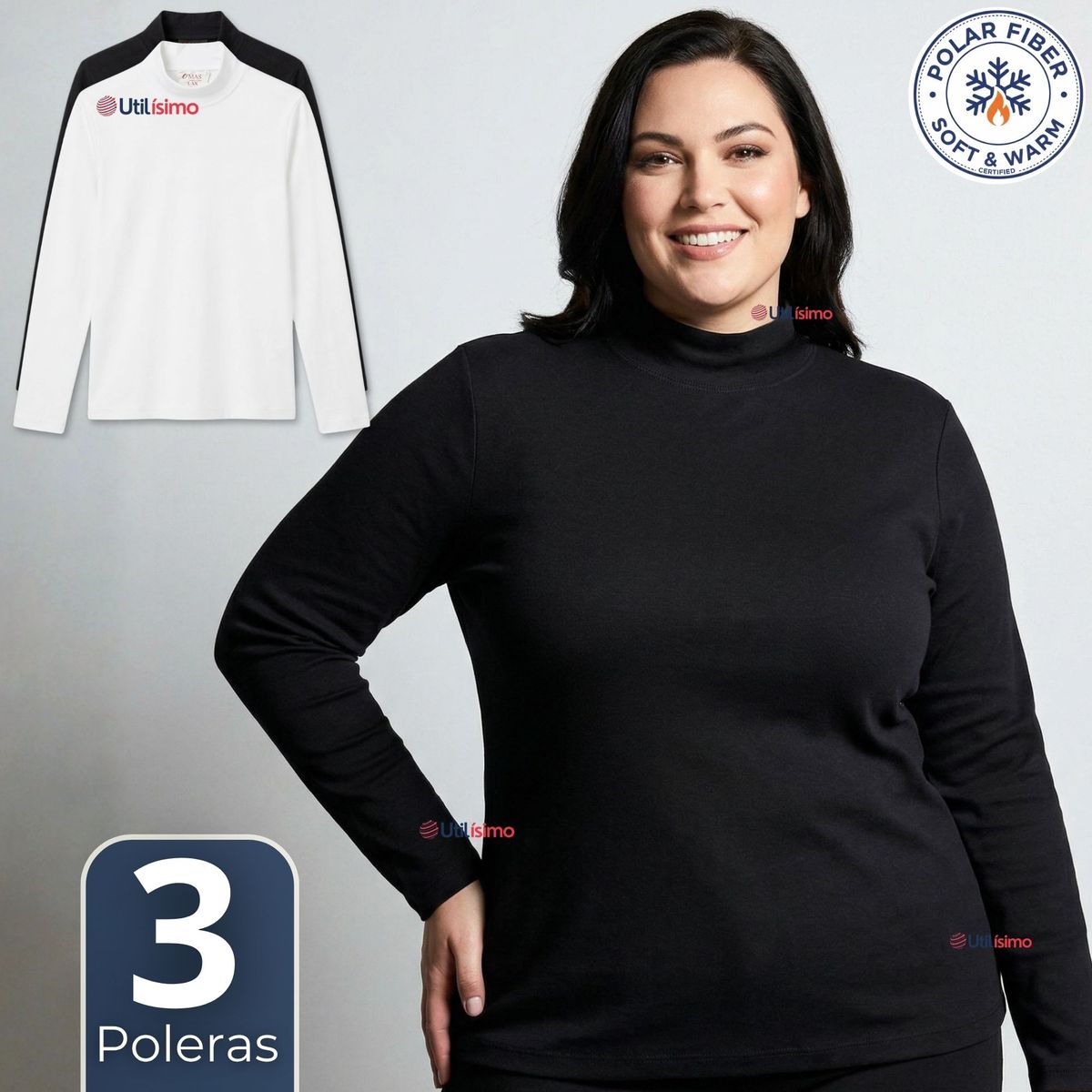 UTILISIMO - Pack 3 Camisetas Poleras Polar Primera Capa Cuello Beatle Manga Larga Blanco Negro Mujer