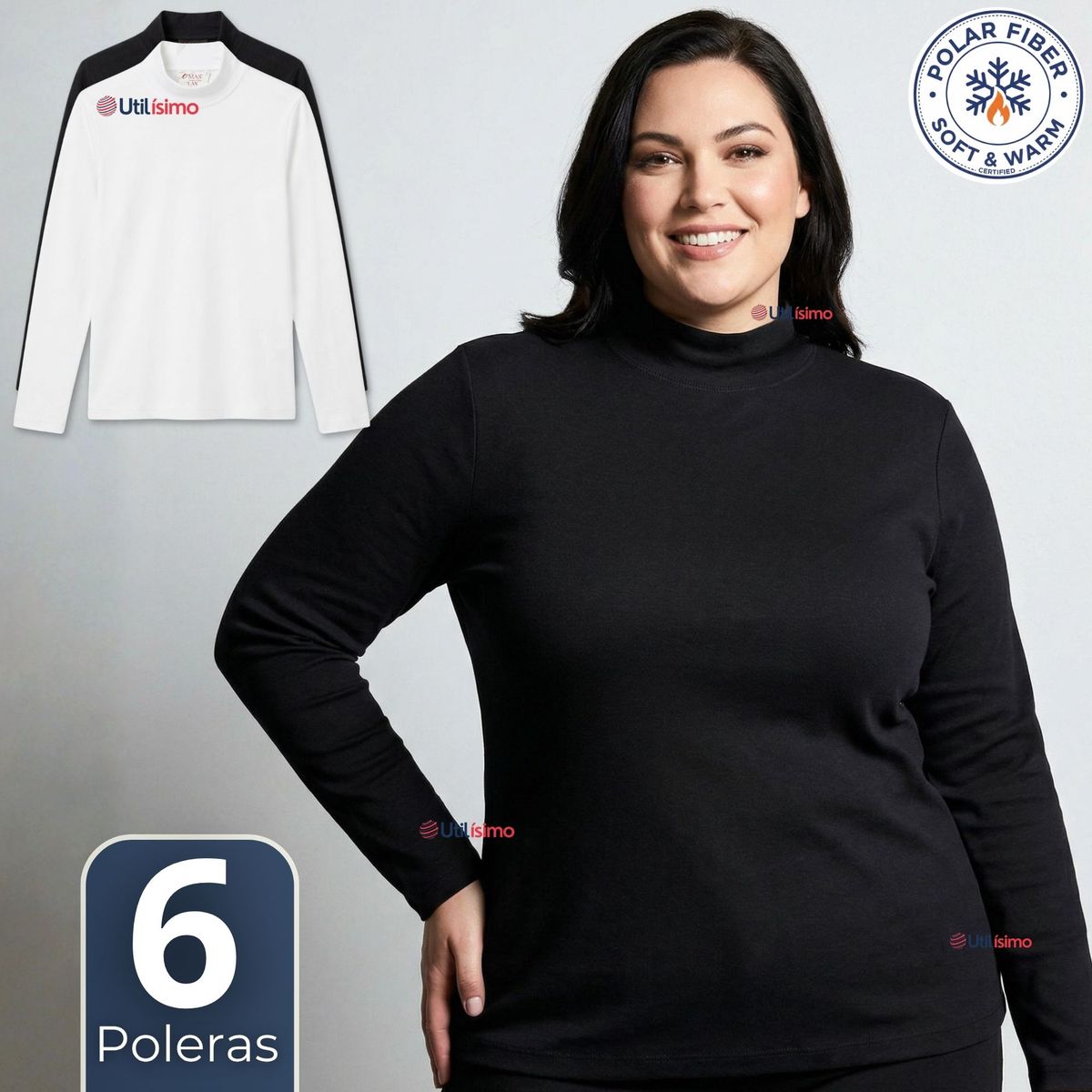 UTILISIMO - Pack 6 Camisetas Poleras Polar Primera Capa Cuello Beatle Manga Larga Blanco Negro Mujer