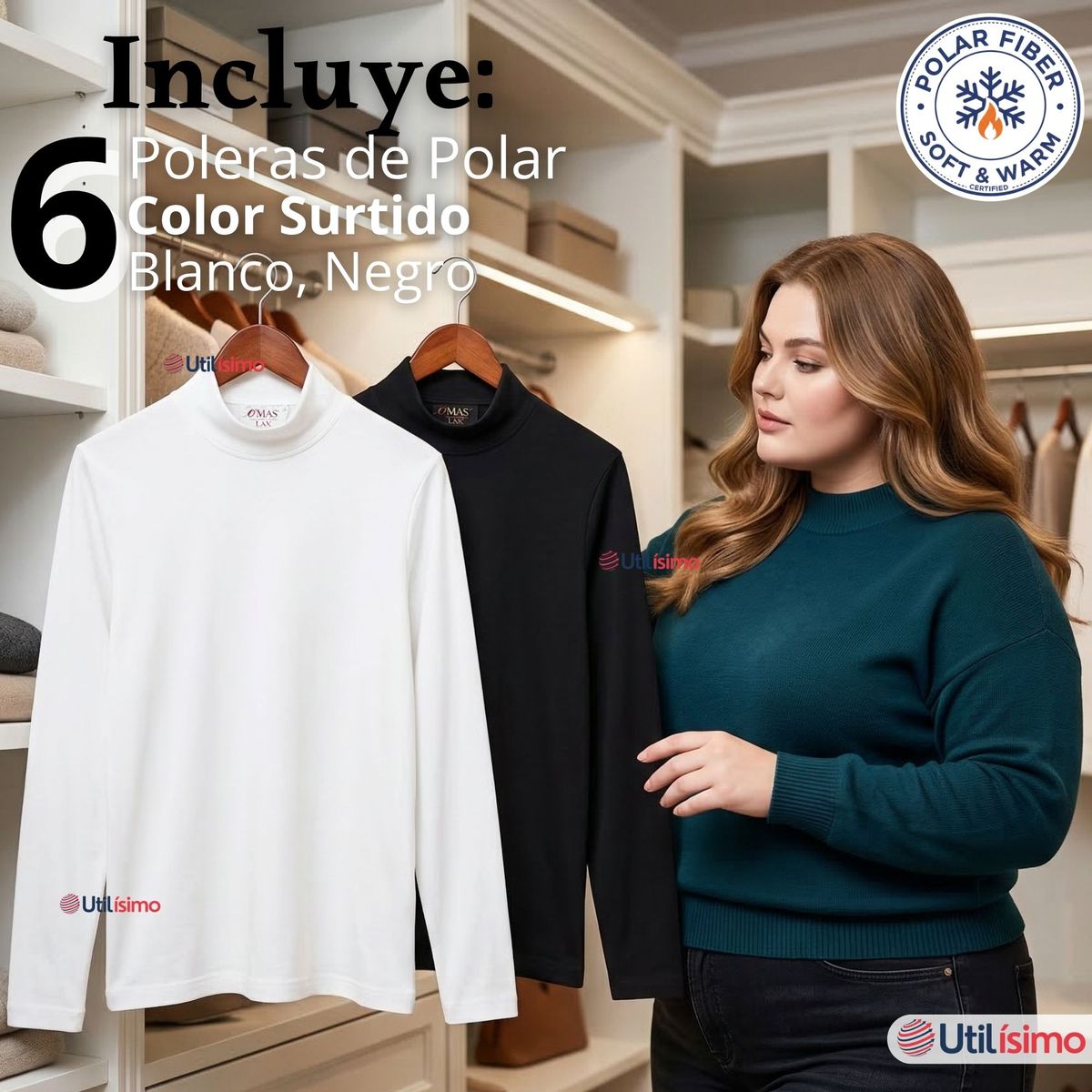 UTILISIMO - Pack 6 Camisetas Poleras Polar Primera Capa Cuello Beatle Manga Larga Blanco Negro Mujer