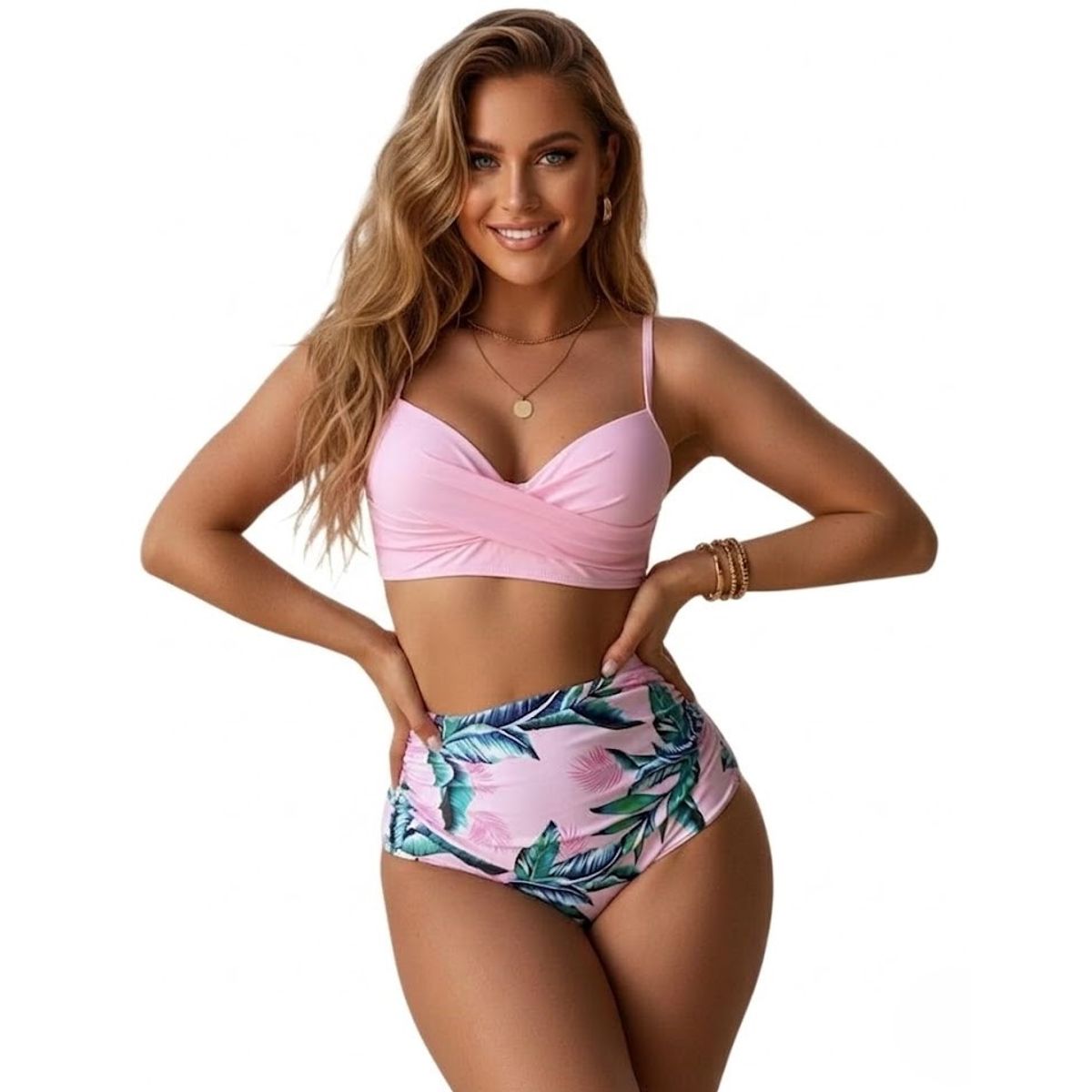 HAMI BOUTIQUE - Bikini de Dos Piezas Rosa Top Cruzado y Bottom de Tiro Alto con Estampado Floral