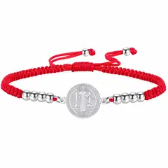TODOJOYAS - Pulsera Medalla San Benito Hilo Rojo y Acero Plateado