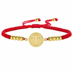 TODOJOYAS - Pulsera Medalla San Benito Hilo Rojo y Acero Dorado