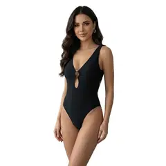 HAMI BOUTIQUE - Traje de Baño de Una Pieza Negro - Escote en V y Detalle de Aro