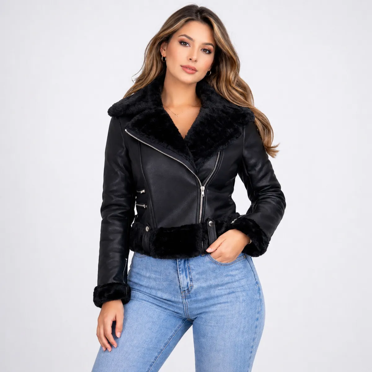 DOBLE V - DOBLE V Chaqueta Ecocuero Mujer Forro Piel Elegant Fit
