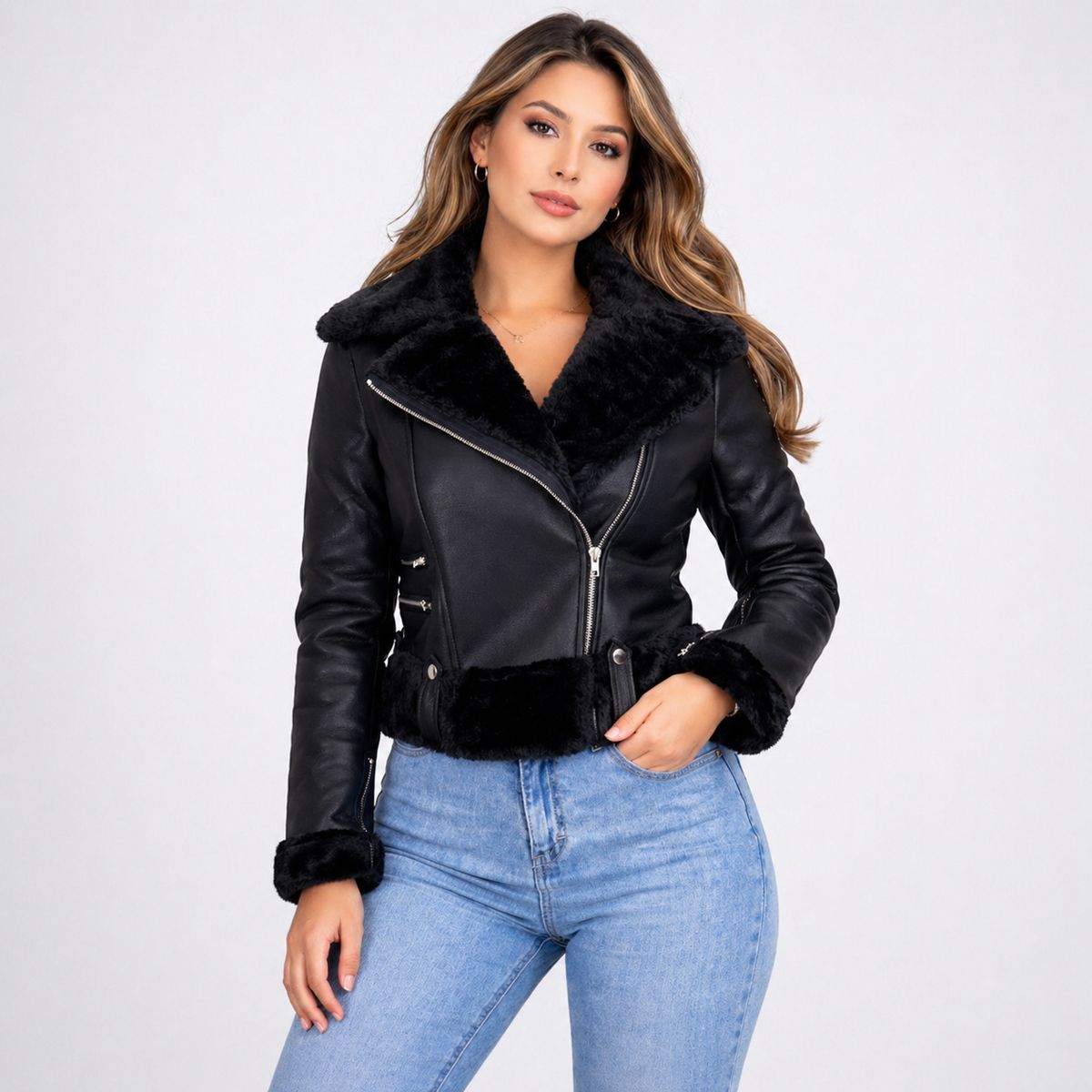 DOBLE V - DOBLE V Chaqueta Ecocuero Mujer Forro Piel Elegant Fit
