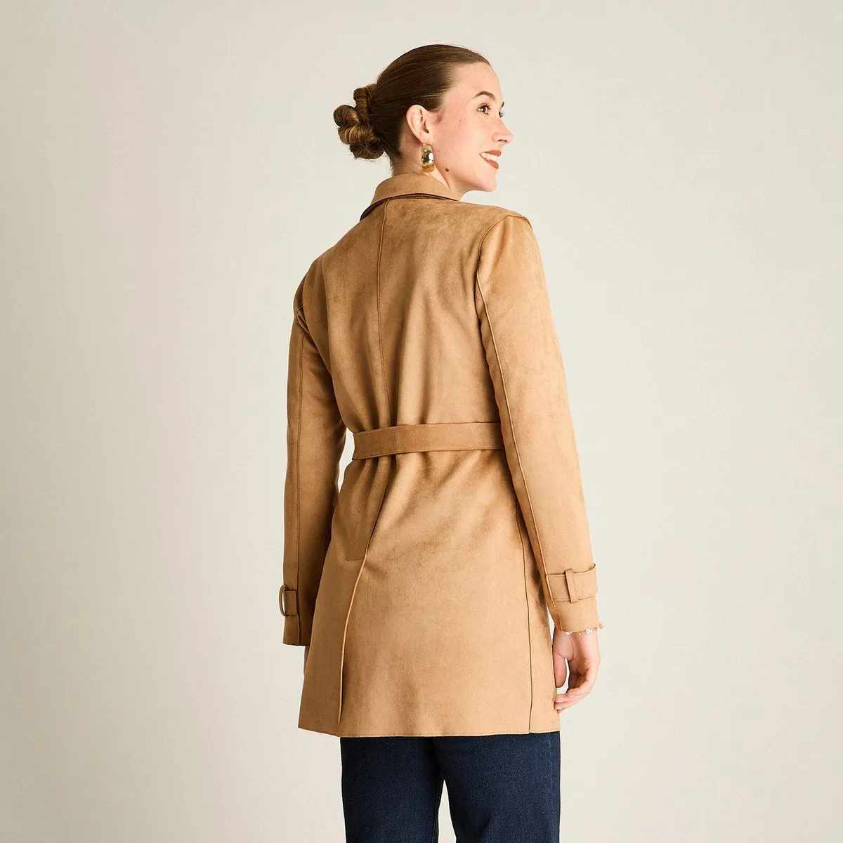 LORENZO DI PONTTI - Trench Camel de Suede con Lazo en la Cintura