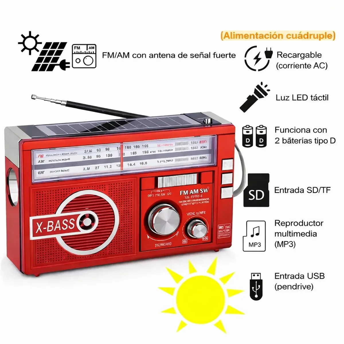 MOVI - RADIO AM-FM, CON LINTERNA, CON PANEL SOLAR, A PILAS Y RECARGABLE A 220