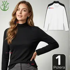 UTILISIMO - Camiseta Polera Bambú Primera Capa Cuello Beatle Manga Larga Blanco Negro Mujer