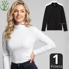 UTILISIMO - Camiseta Polera Bambú Primera Capa Cuello Beatle Manga Larga Blanco Negro Mujer