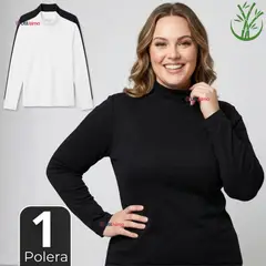 UTILISIMO - Camiseta Polera Bambú Primera Capa Cuello Beatle Manga Larga Blanco Negro Mujer
