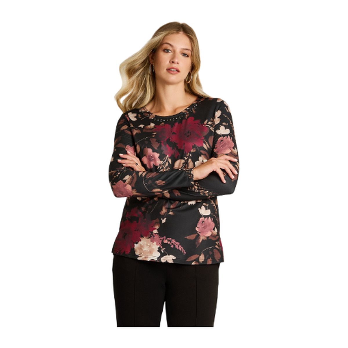 LORENZO DI PONTTI - Polera Burdeo Estampada Escote Redondo Hot Touch