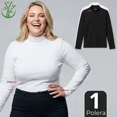 UTILISIMO - Camiseta Polera Bambú Primera Capa Cuello Beatle Manga Larga Blanco Negro Mujer
