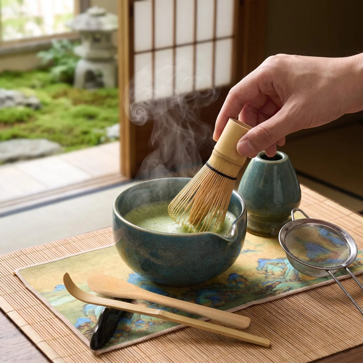 AIZO - AIZO Set de Matcha Japonés Tradicional, 8 Piezas, Hecho a Mano, Bambú Natural, Cerámica Azul