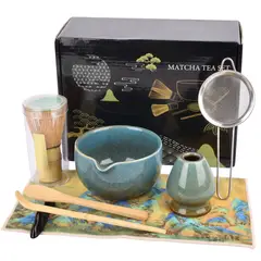 AIZO - Set de Matcha Japonés Tradicional, 8 Piezas, Hecho a Mano, Bambú Natural, Cerámica Azul