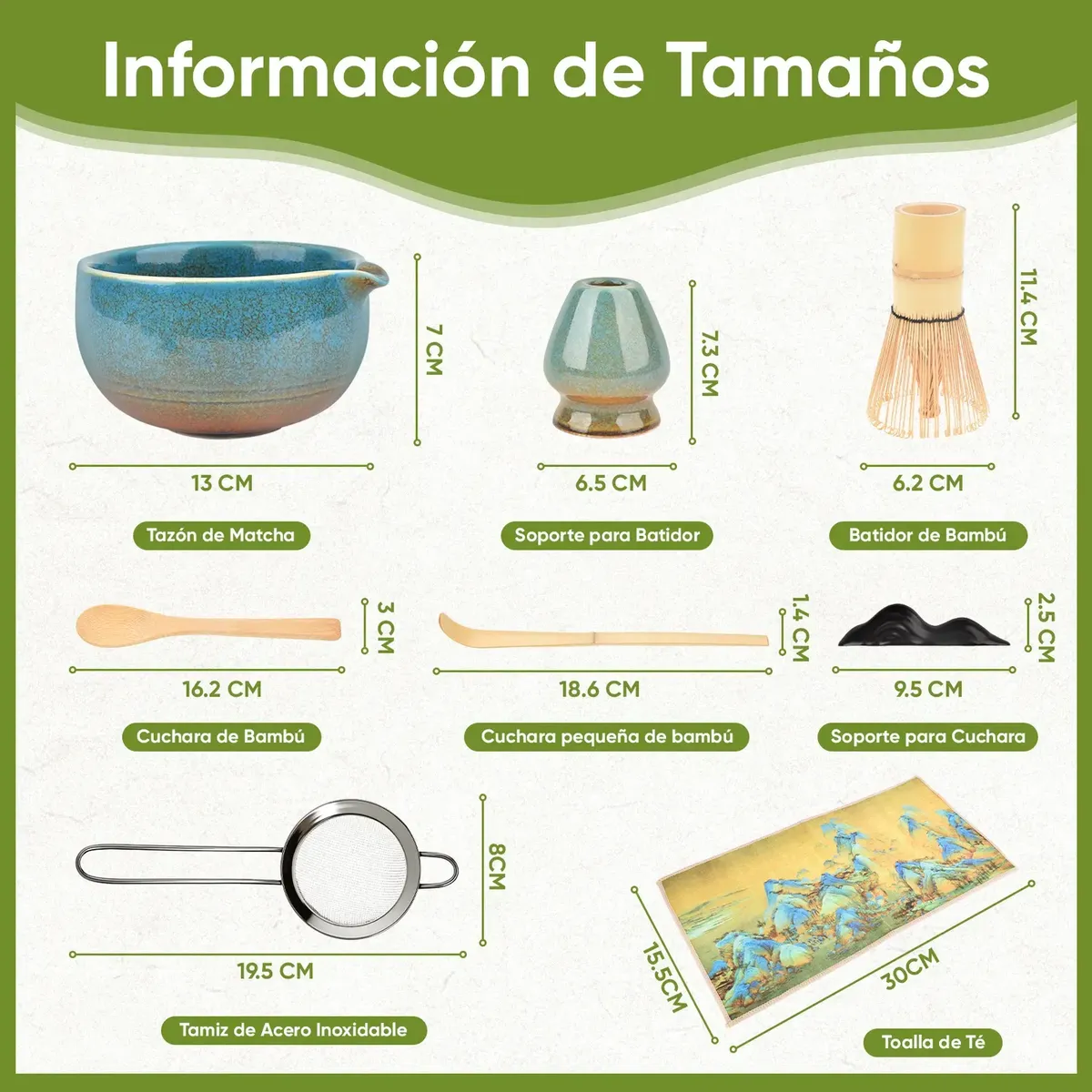 AIZO - AIZO Set de Matcha Japonés Tradicional, 8 Piezas, Hecho a Mano, Bambú Natural, Cerámica Azul