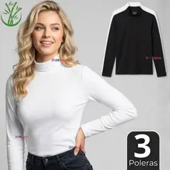 UTILISIMO - Pack 3 Camisetas Poleras Bambú Primera Capa Cuello Beatle Manga Larga Blanco Negro Mujer