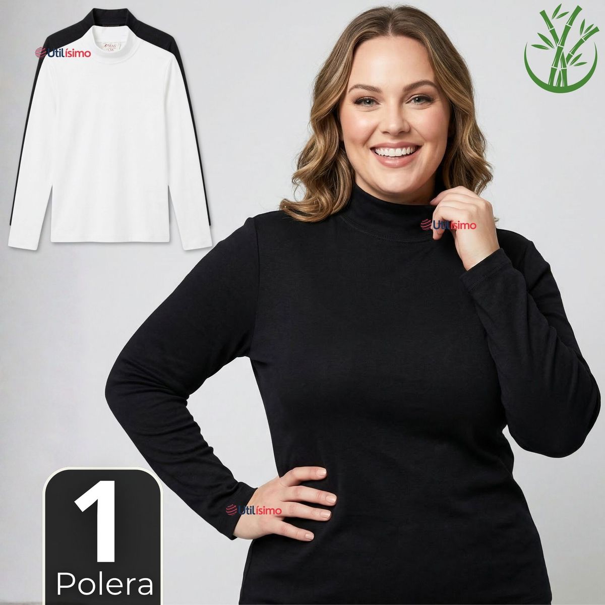 UTILISIMO - Pack 3 Camisetas Poleras Bambú Primera Capa Cuello Beatle Manga Larga Blanco Negro Mujer